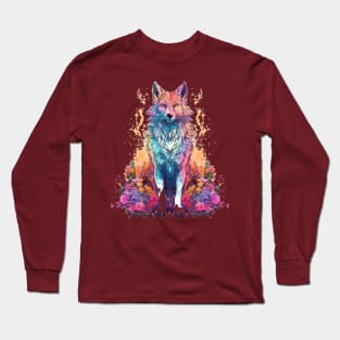 Colorful Wolf With Flowers Long Sleeve T-Shirt